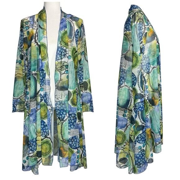 Kozan Molly Sheer Mesh Duster Cardigan Jacket L Abstract Art Print Open Front - Picture 1 of 8